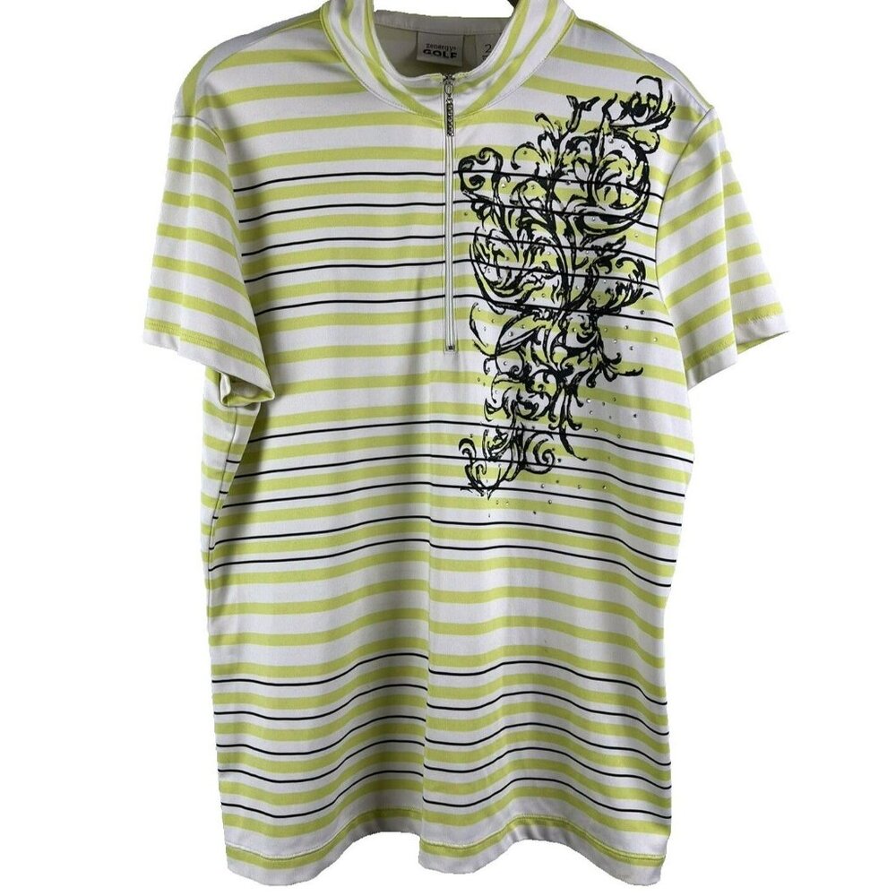 Zenergy Golf By Chicos Women Large 2 Polo Shirt 1/4 Zip Striped Swirl Studded